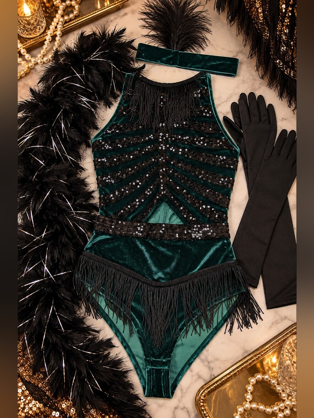 NWT Tipsy Elves 1920s Flapper Costume Bodysuit XL Velvet Sequin Fringe Set